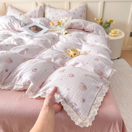 91家纺网 家纺一手货源 找家纺 （总） 【苏东来】2025韩版蕾丝花边纯棉全棉双层纱四件套全棉纯棉小碎花印花四件套小清新公主风韩系皱皱纱花边四件套针织棉四件套件