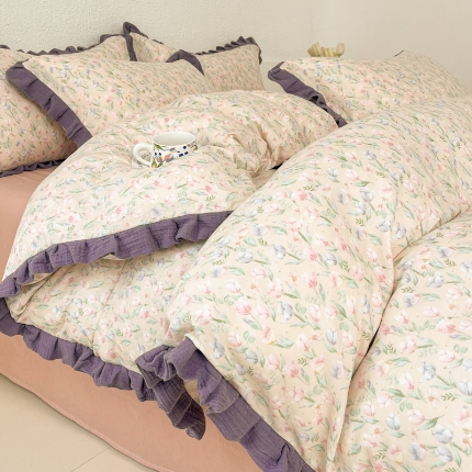 91家纺网 家纺一手货源 找家纺 （总）【苏东来】2025韩版皱皱花边纯棉全棉双层纱四件套小碎花印花韩版蕾丝花边双层纱四件套小清新公主风韩系四件套针织棉四件套件