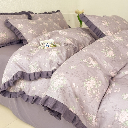 91家纺网 家纺一手货源 找家纺 （总）【苏东来】2025韩版皱皱花边纯棉全棉双层纱四件套小碎花印花韩版蕾丝花边双层纱四件套小清新公主风韩系四件套针织棉四件套件