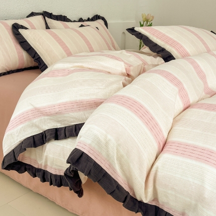 91家纺网 家纺一手货源 找家纺 （总）【苏东来】2025韩版皱皱花边纯棉全棉双层纱四件套小碎花印花韩版蕾丝花边双层纱四件套小清新公主风韩系四件套针织棉四件套件