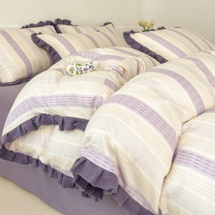 91家纺网 家纺一手货源 找家纺 （总）【苏东来】2025韩版皱皱花边纯棉全棉双层纱四件套小碎花印花韩版蕾丝花边双层纱四件套小清新公主风韩系四件套针织棉四件套件