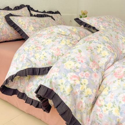 91家纺网 家纺一手货源 找家纺 （总）【苏东来】2025韩版皱皱花边纯棉全棉双层纱四件套小碎花印花韩版蕾丝花边双层纱四件套小清新公主风韩系四件套针织棉四件套件