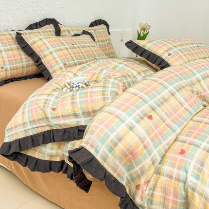 91家纺网 家纺一手货源 找家纺 （总）【苏东来】2025韩版皱皱花边纯棉全棉双层纱四件套小碎花印花韩版蕾丝花边双层纱四件套小清新公主风韩系四件套针织棉四件套件