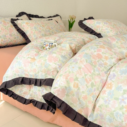 91家纺网 家纺一手货源 找家纺 （总）【苏东来】2025韩版皱皱花边纯棉全棉双层纱四件套小碎花印花韩版蕾丝花边双层纱四件套小清新公主风韩系四件套针织棉四件套件