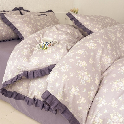 91家纺网 家纺一手货源 找家纺 （总）【苏东来】2025韩版皱皱花边纯棉全棉双层纱四件套小碎花印花韩版蕾丝花边双层纱四件套小清新公主风韩系四件套针织棉四件套件