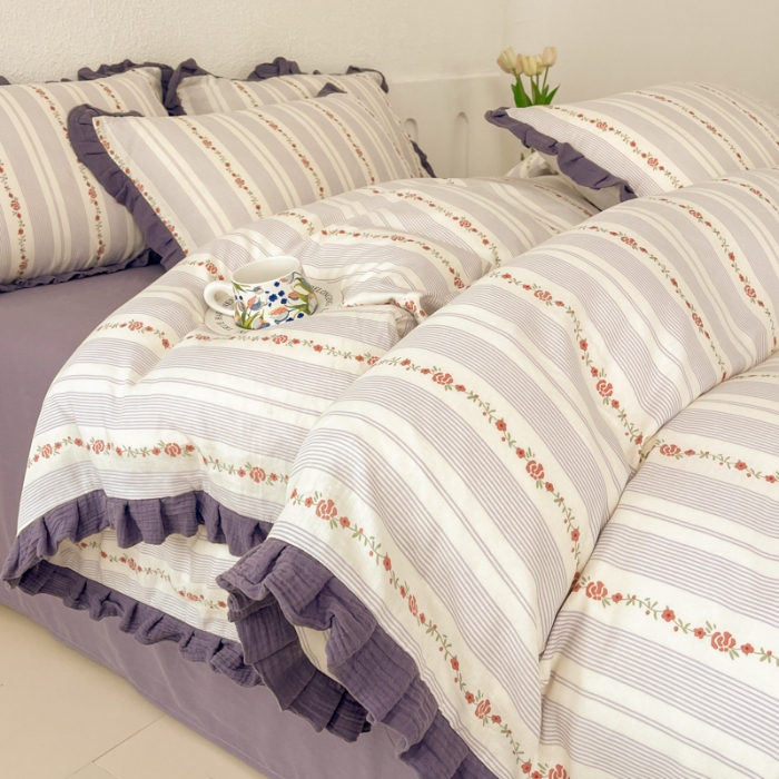 91家纺网 家纺一手货源 找家纺 （总）【苏东来】2025韩版皱皱花边纯棉全棉双层纱四件套小碎花印花韩版蕾丝花边双层纱四件套小清新公主风韩系四件套针织棉四件套件