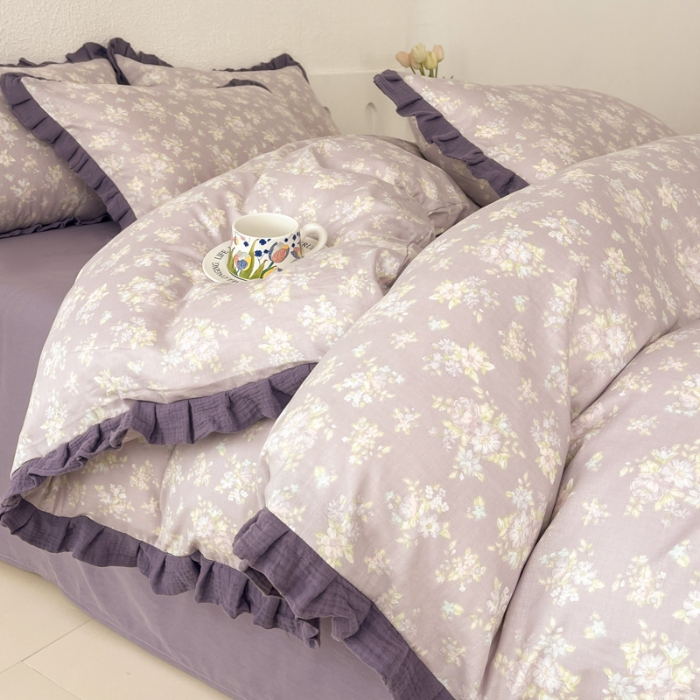 91家纺网 家纺一手货源 找家纺 （总）【苏东来】2025韩版皱皱花边纯棉全棉双层纱四件套小碎花印花韩版蕾丝花边双层纱四件套小清新公主风韩系四件套针织棉四件套件