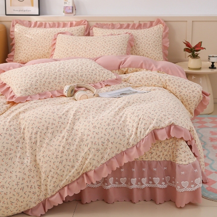 91家纺网 家纺一手货源 找家纺 （总）2025新款针织棉双层纱床盖四件套蕾丝花边床盖三件套夏被床盖四件套