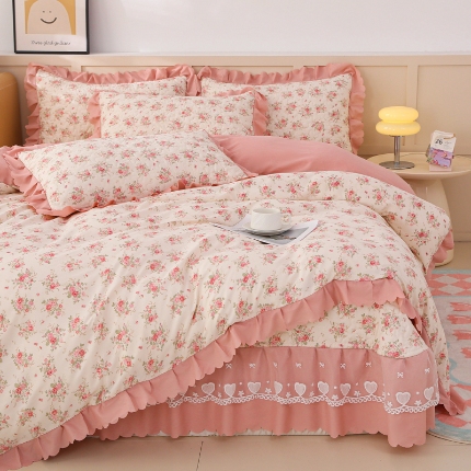 91家纺网 家纺一手货源 找家纺 （总）2025新款针织棉双层纱床盖四件套蕾丝花边床盖三件套夏被床盖四件套