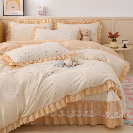 91家纺网 家纺一手货源 找家纺 （总）2025新款针织棉双层纱床盖四件套蕾丝花边床盖三件套夏被床盖四件套