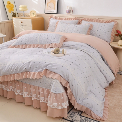 91家纺网 家纺一手货源 找家纺 （总）2025新款针织棉双层纱床盖四件套蕾丝花边床盖三件套夏被床盖四件套
