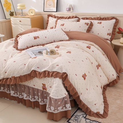 91家纺网 家纺一手货源 找家纺 （总）2025新款针织棉双层纱床盖四件套蕾丝花边床盖三件套夏被床盖四件套