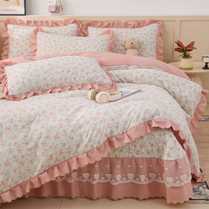 91家纺网 家纺一手货源 找家纺 （总）2025新款针织棉双层纱床盖四件套蕾丝花边床盖三件套夏被床盖四件套