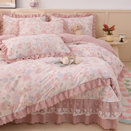 91家纺网 家纺一手货源 找家纺 （总）2025新款针织棉双层纱床盖四件套蕾丝花边床盖三件套夏被床盖四件套