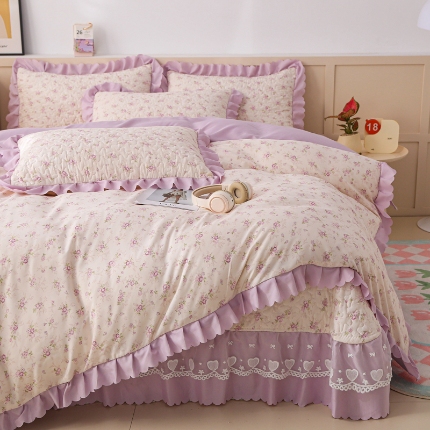 91家纺网 家纺一手货源 找家纺 （总）2025新款针织棉双层纱床盖四件套蕾丝花边床盖三件套夏被床盖四件套