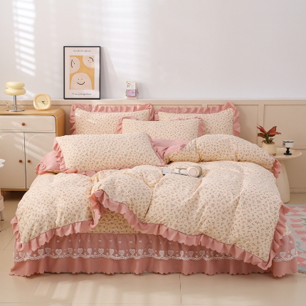 2025新款针织棉双层纱床盖四件套蕾丝床盖三件套夏被床盖四件套 问秋黄