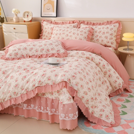 2025新款针织棉双层纱床盖四件套蕾丝床盖三件套夏被床盖四件套 春和米