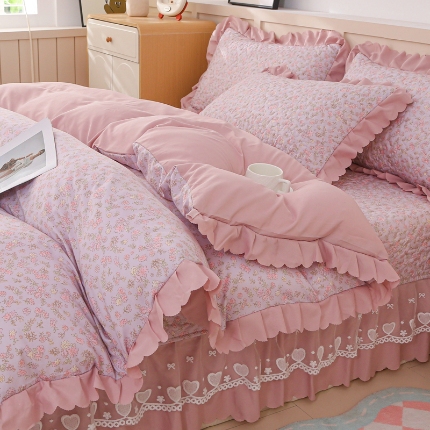 2025新款针织棉双层纱床盖四件套蕾丝床盖三件套夏被床盖四件套 丽莎紫