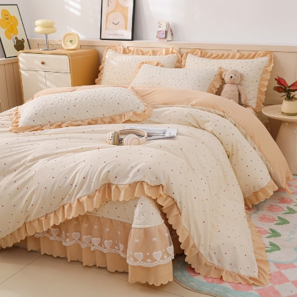 2025新款针织棉双层纱床盖四件套蕾丝床盖三件套夏被床盖四件套 波点米