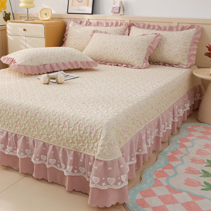 91家纺网 家纺一手货源 找家纺 2025新款针织棉双层纱床盖四件套蕾丝床盖三件套夏被床盖四件套 云山沐晚