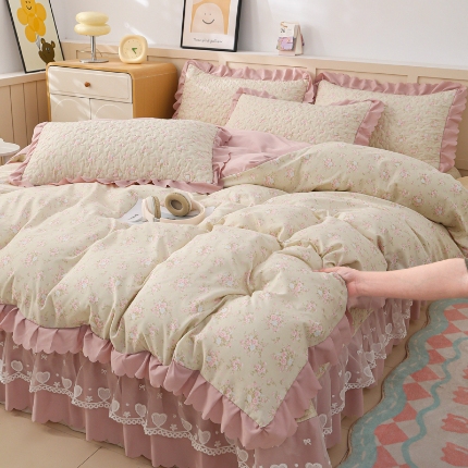 2025新款针织棉双层纱床盖四件套蕾丝床盖三件套夏被床盖四件套 云山沐晚