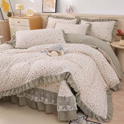 2025新款针织棉双层纱床盖四件套蕾丝床盖三件套夏被床盖四件套 花田薇
