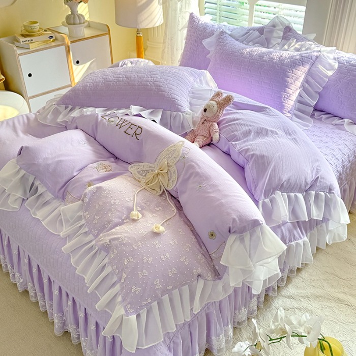 91家纺网 家纺一手货源 找家纺 苏米娜家纺2025春夏新品韩版甜美公主风全棉双层纱水洗棉床盖四件套刺绣针织棉双层纱纯棉棉麻全棉少女心夹棉床裙款夏被款床盖四件套 幻蝶-梦幻紫