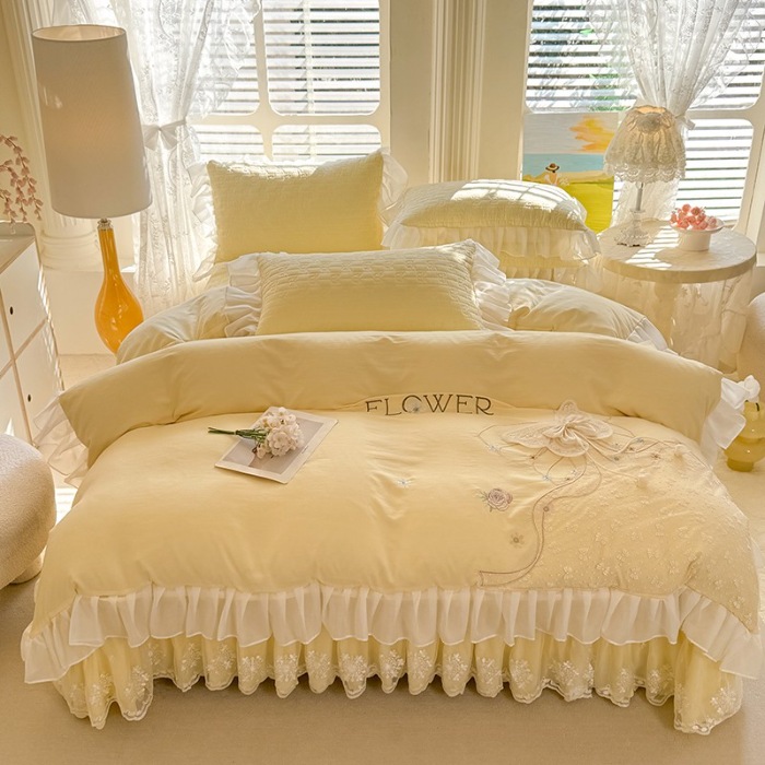 91家纺网 家纺一手货源 找家纺 苏米娜家纺2025春夏新品韩版甜美公主风全棉双层纱水洗棉床盖四件套刺绣针织棉双层纱纯棉棉麻全棉少女心夹棉床裙款夏被款床盖四件套 幻蝶-嫩黄