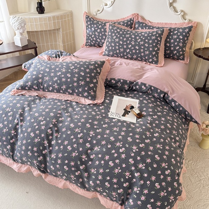 91家纺网 家纺一手货源 找家纺 苏米娜家纺2025春夏新款韩版复古花边A类有氧针织棉双层纱四件套纯棉麻泡泡棉小竺棉四件套法式赫本风水洗棉床盖款四件套 暗香