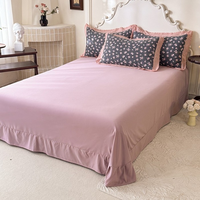 91家纺网 家纺一手货源 找家纺 苏米娜家纺2025春夏新款韩版复古花边A类有氧针织棉双层纱四件套纯棉麻泡泡棉小竺棉四件套法式赫本风水洗棉床盖款四件套 暗香