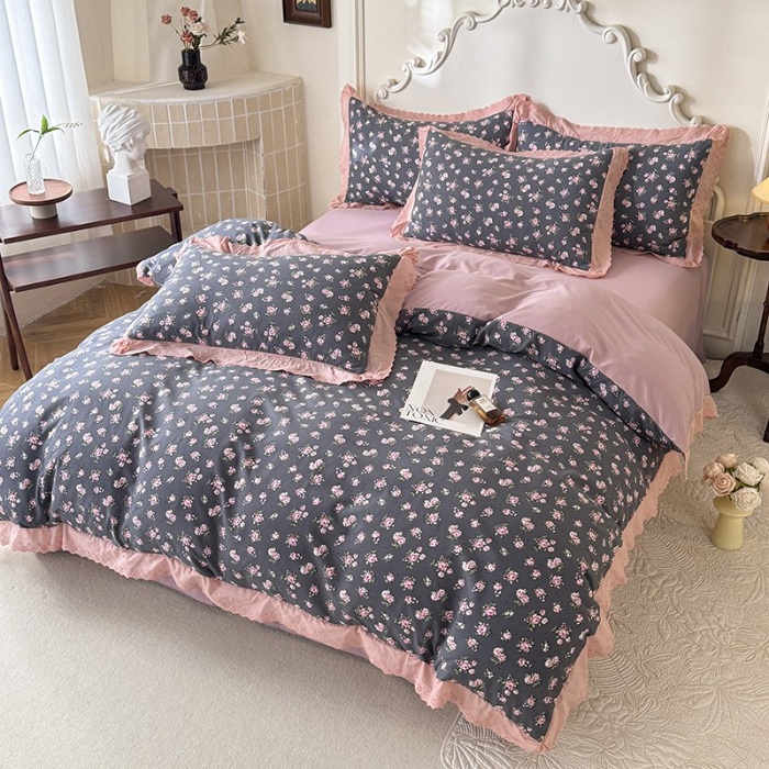 91家纺网 家纺一手货源 找家纺 苏米娜家纺2025春夏新款韩版复古花边A类有氧针织棉双层纱四件套纯棉麻泡泡棉小竺棉四件套法式赫本风水洗棉床盖款四件套 暗香