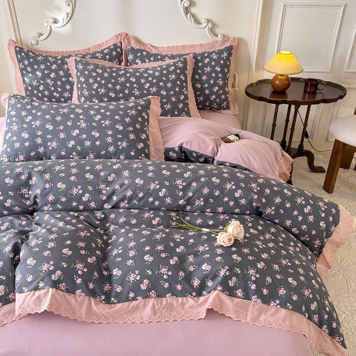 91家纺网 家纺一手货源 找家纺 苏米娜家纺2025春夏新款韩版复古花边A类有氧针织棉双层纱四件套纯棉麻泡泡棉小竺棉四件套法式赫本风水洗棉床盖款四件套 暗香