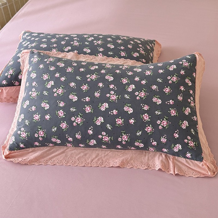 91家纺网 家纺一手货源 找家纺 苏米娜家纺2025春夏新款韩版复古花边A类有氧针织棉双层纱四件套纯棉麻泡泡棉小竺棉四件套法式赫本风水洗棉床盖款四件套 暗香