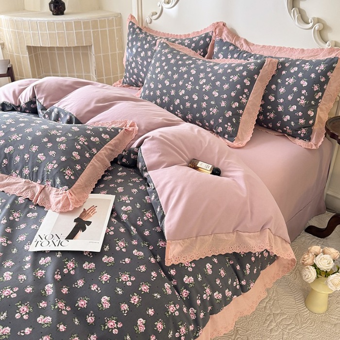 91家纺网 家纺一手货源 找家纺 苏米娜家纺2025春夏新款韩版复古花边A类有氧针织棉双层纱四件套纯棉麻泡泡棉小竺棉四件套法式赫本风水洗棉床盖款四件套 暗香