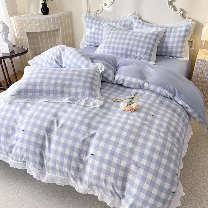 91家纺网 家纺一手货源 找家纺 苏米娜家纺2025春夏新款韩版复古花边A类有氧针织棉双层纱四件套纯棉麻泡泡棉小竺棉四件套法式赫本风水洗棉床盖款四件套 格调-蓝