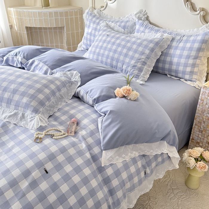 91家纺网 家纺一手货源 找家纺 苏米娜家纺2025春夏新款韩版复古花边A类有氧针织棉双层纱四件套纯棉麻泡泡棉小竺棉四件套法式赫本风水洗棉床盖款四件套 格调-蓝