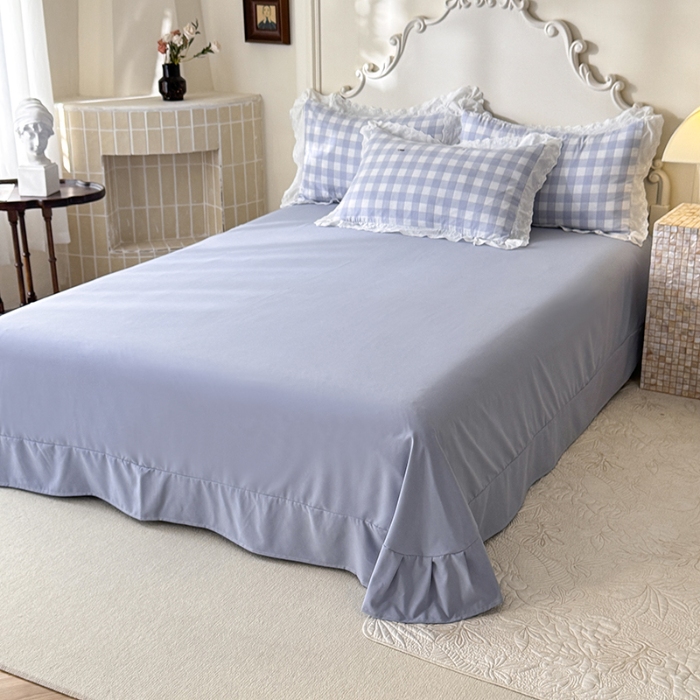 91家纺网 家纺一手货源 找家纺 苏米娜家纺2025春夏新款韩版复古花边A类有氧针织棉双层纱四件套纯棉麻泡泡棉小竺棉四件套法式赫本风水洗棉床盖款四件套 格调-蓝