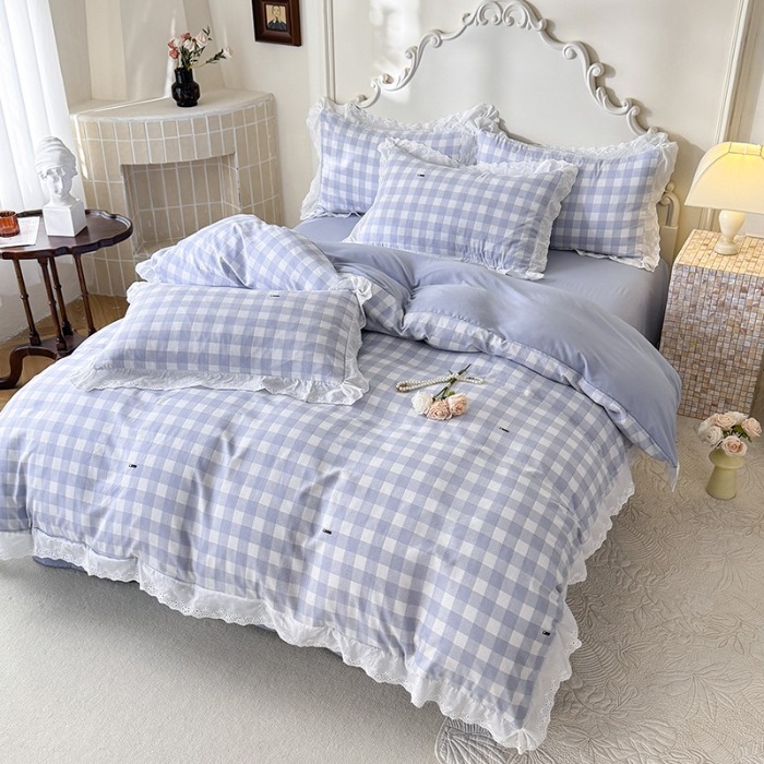 91家纺网 家纺一手货源 找家纺 苏米娜家纺2025春夏新款韩版复古花边A类有氧针织棉双层纱四件套纯棉麻泡泡棉小竺棉四件套法式赫本风水洗棉床盖款四件套 格调-蓝