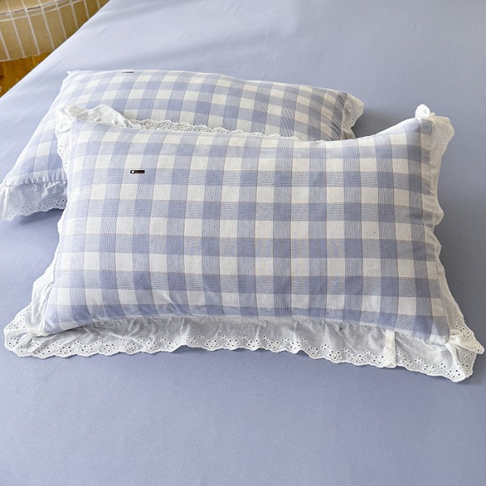 91家纺网 家纺一手货源 找家纺 苏米娜家纺2025春夏新款韩版复古花边A类有氧针织棉双层纱四件套纯棉麻泡泡棉小竺棉四件套法式赫本风水洗棉床盖款四件套 格调-蓝