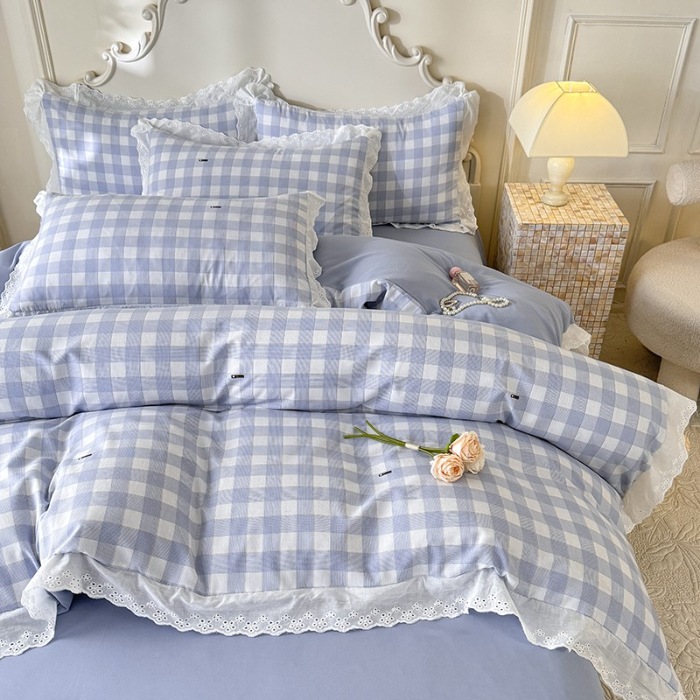 91家纺网 家纺一手货源 找家纺 苏米娜家纺2025春夏新款韩版复古花边A类有氧针织棉双层纱四件套纯棉麻泡泡棉小竺棉四件套法式赫本风水洗棉床盖款四件套 格调-蓝