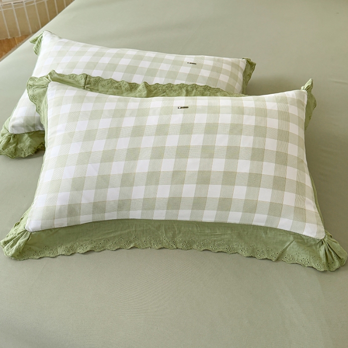 91家纺网 家纺一手货源 找家纺 苏米娜家纺2025春夏新款韩版复古花边A类有氧针织棉双层纱四件套纯棉麻泡泡棉小竺棉四件套法式赫本风水洗棉床盖款四件套 格调-绿