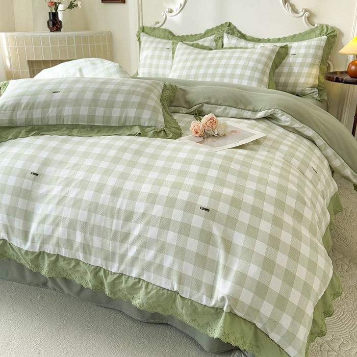 91家纺网 家纺一手货源 找家纺 苏米娜家纺2025春夏新款韩版复古花边A类有氧针织棉双层纱四件套纯棉麻泡泡棉小竺棉四件套法式赫本风水洗棉床盖款四件套 格调-绿