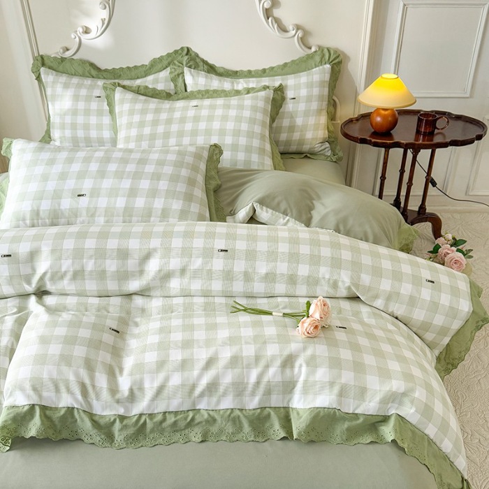 91家纺网 家纺一手货源 找家纺 苏米娜家纺2025春夏新款韩版复古花边A类有氧针织棉双层纱四件套纯棉麻泡泡棉小竺棉四件套法式赫本风水洗棉床盖款四件套 格调-绿