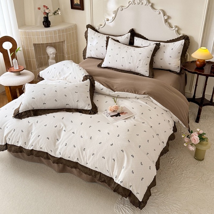 91家纺网 家纺一手货源 找家纺 苏米娜家纺2025春夏新款韩版复古花边A类有氧针织棉双层纱四件套纯棉麻泡泡棉小竺棉四件套法式赫本风水洗棉床盖款四件套 蝴蝶可颂