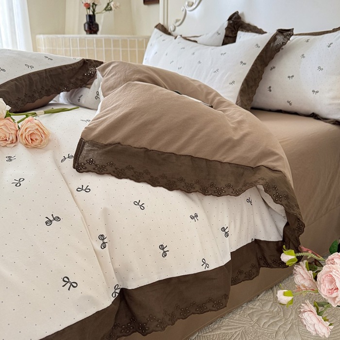 91家纺网 家纺一手货源 找家纺 苏米娜家纺2025春夏新款韩版复古花边A类有氧针织棉双层纱四件套纯棉麻泡泡棉小竺棉四件套法式赫本风水洗棉床盖款四件套 蝴蝶可颂