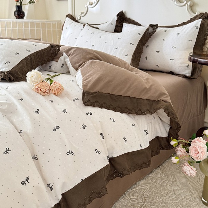 91家纺网 家纺一手货源 找家纺 苏米娜家纺2025春夏新款韩版复古花边A类有氧针织棉双层纱四件套纯棉麻泡泡棉小竺棉四件套法式赫本风水洗棉床盖款四件套 蝴蝶可颂