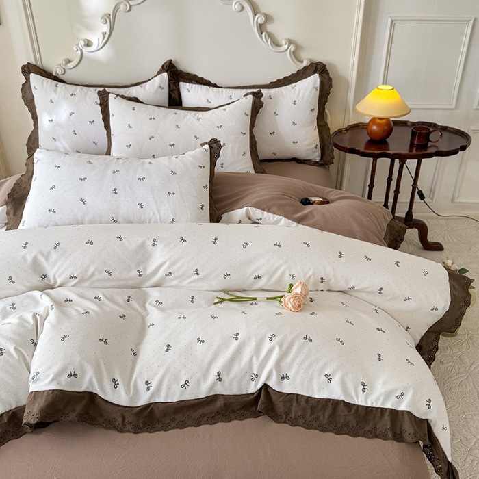 91家纺网 家纺一手货源 找家纺 苏米娜家纺2025春夏新款韩版复古花边A类有氧针织棉双层纱四件套纯棉麻泡泡棉小竺棉四件套法式赫本风水洗棉床盖款四件套 蝴蝶可颂