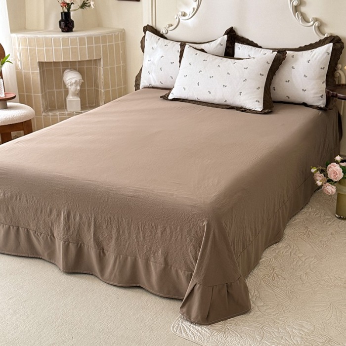 91家纺网 家纺一手货源 找家纺 苏米娜家纺2025春夏新款韩版复古花边A类有氧针织棉双层纱四件套纯棉麻泡泡棉小竺棉四件套法式赫本风水洗棉床盖款四件套 蝴蝶可颂