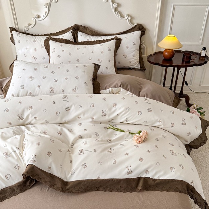 91家纺网 家纺一手货源 找家纺 苏米娜家纺2025春夏新款韩版复古花边A类有氧针织棉双层纱四件套纯棉麻泡泡棉小竺棉四件套法式赫本风水洗棉床盖款四件套 欢乐熊