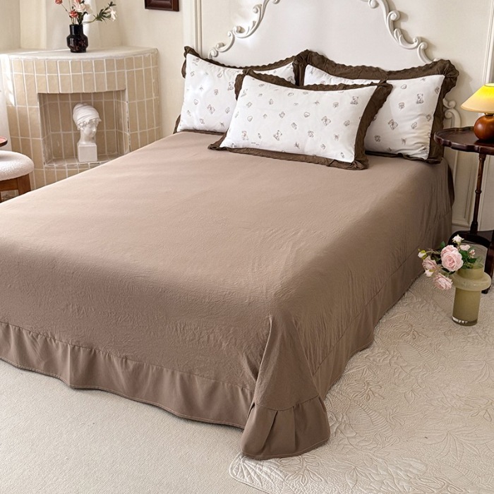 91家纺网 家纺一手货源 找家纺 苏米娜家纺2025春夏新款韩版复古花边A类有氧针织棉双层纱四件套纯棉麻泡泡棉小竺棉四件套法式赫本风水洗棉床盖款四件套 欢乐熊